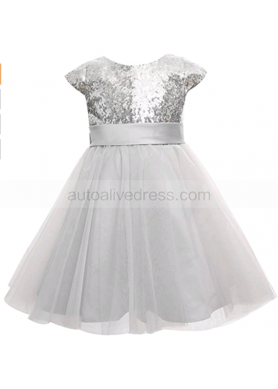 Cap Sleeves Silver Sequin Tulle Short Flower Girl Dress